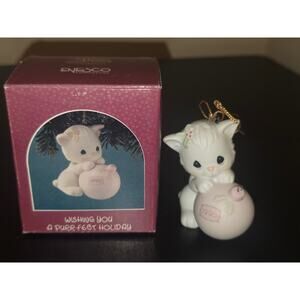 Precious Moments 1990 Wishing You A Purrfect Holiday Cat Ornament Enesco